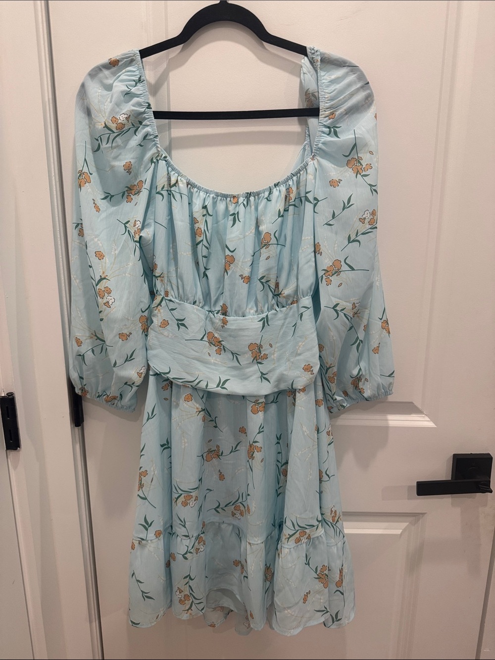 Light Blue Floral Puff Sleeve Mini Dress